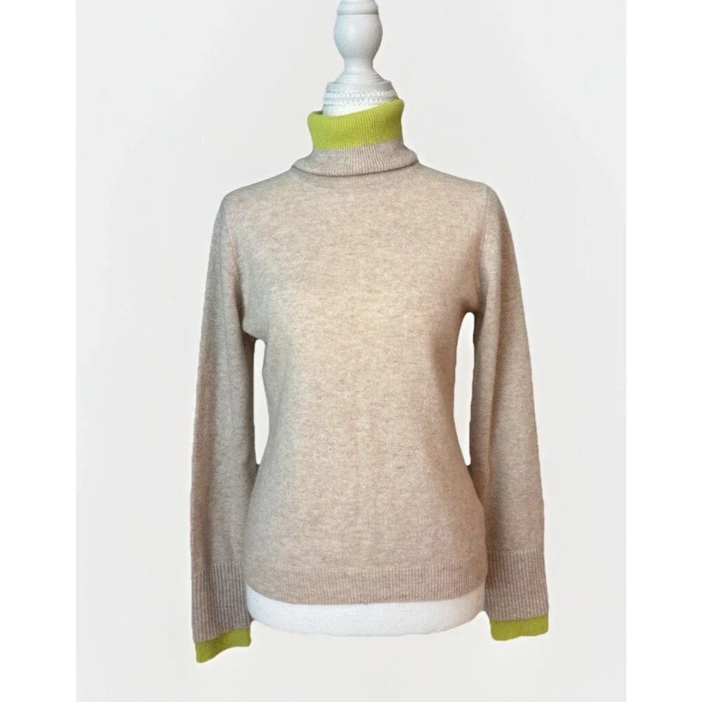 Brodie Cashmere 100% Cashmere Turtleneck Sweater Neon Lime Trim Beige Size S